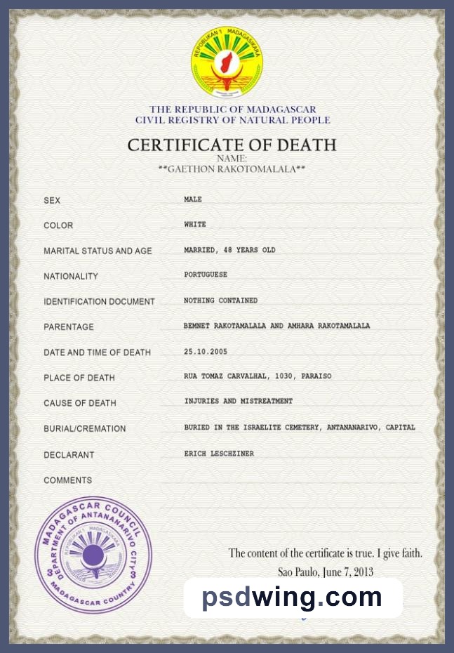 Madagascar Vital Record Death Certificate PSD Template